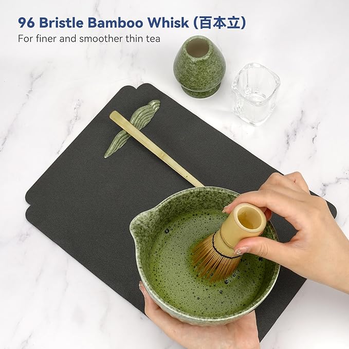 Matcha Whisk Set, 10-Pcs Matcha Kit, Bamboo Whisk and Bowl with Spout & Measuring Spoon & Cup, Japanese Tea Making Tools, Complete Matcha Gift Set for Starter, Mottled Green - Bloomnest