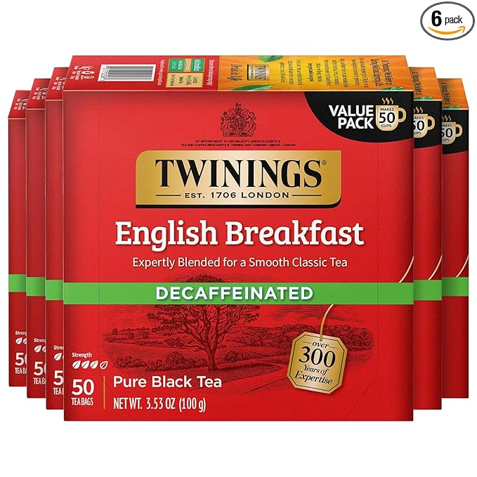 Twinings Decaffeinated English Breakfast Black Tea Bags, 50 Count (Pack of 6), Flavourful, Robust, Enjoy Hot or Iced, 300 Teabags - Bloomnest