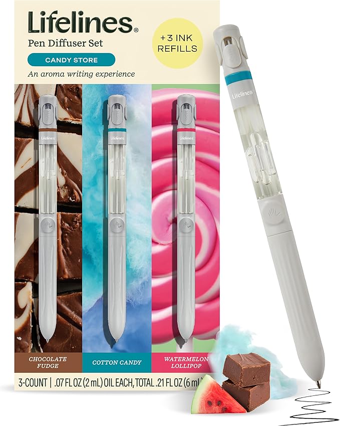 Lifelines Pen Diffuser Set, Candy Store 3-Pack - 1mm Black Ballpoint Pens with Scented Essential Oil Blends – Aromatherapy Diffuser & Sensory Immersion Diffuse Aroma As You Write - Bloomnest