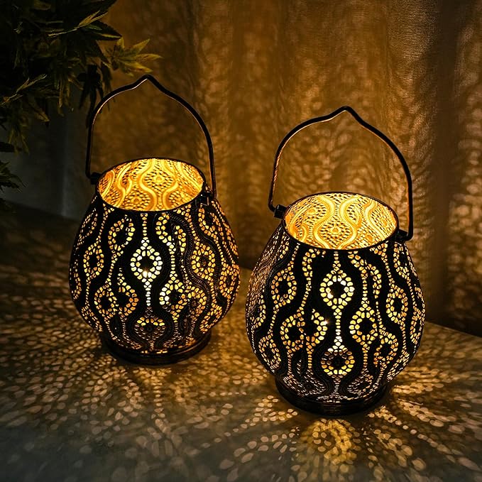 TRIROCKS Set of 2 Moroccan Decorative Lamps 8'' High Cordless Lamp Metal Table Lamps with Fairy Lights Bulb for Home Living Room Garden Yard Party Events Tabletop Indoor Outdoor(Black) - Bloomnest