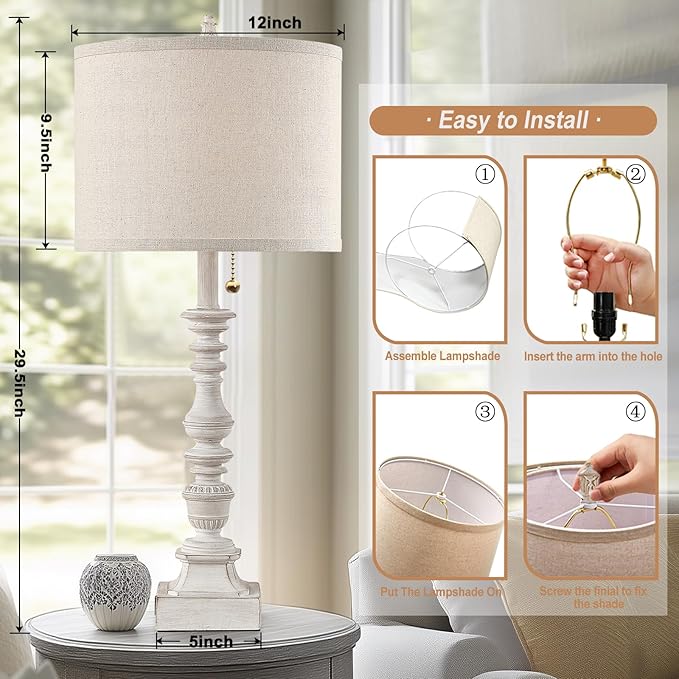 Farmhouse Table Lamps for Bedroom Set of 2, 29.5" Tall Rustic Bedside Lamp with USB Ports and AC Outlet, Vintage Nightstand Table Lamp for Living Room with Linen Drum Shade, White, Pull Chain - Bloomnest