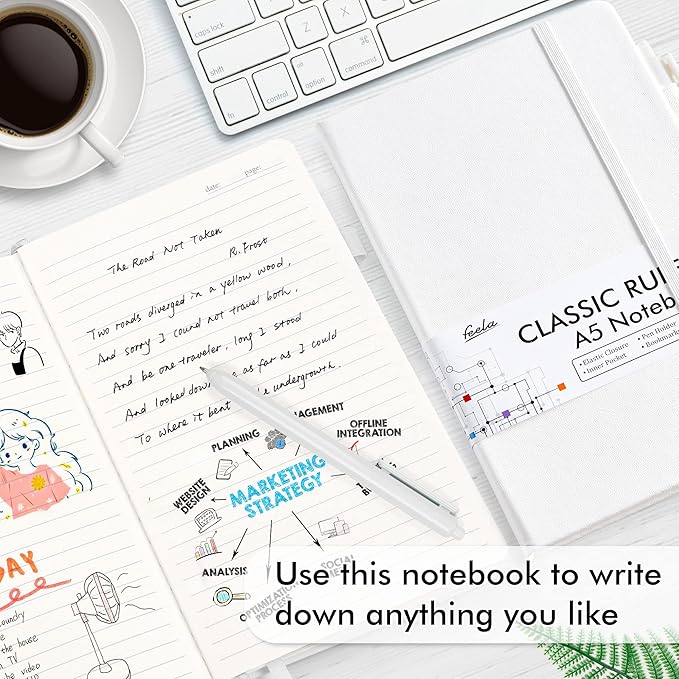 feela College Ruled Notebooks, 24 Pack Business Notebook Hardcover Lined Writing Journal with Pen Holder for Men Women Note Taking, with 24 Black Pens, 120 GSM, 5.1”x8.3”, A5, White - Bloomnest