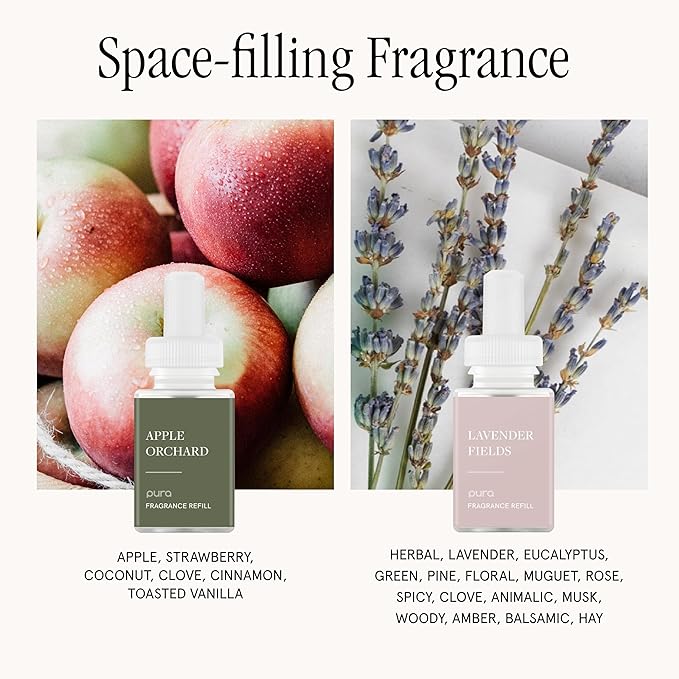 Pura - Smart Home Fragrance Device Starter Set - Pura 4 - Scent Diffuser for Home - Includes Fragrance Aroma Diffuser - Square Box, Apple Orchards and Lavender Fields Scent Refills - Bloomnest