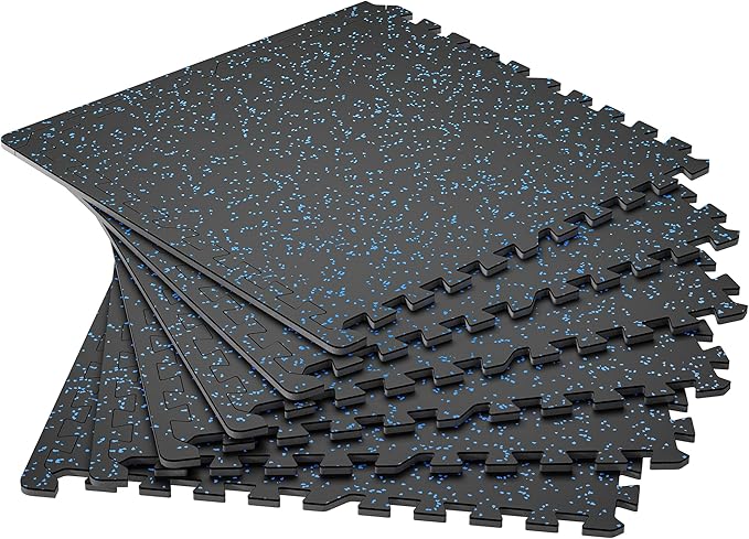SUPERJARE 0.4'' Thick 6 Pcs 24 Sq Ft Rubber Top Exercise Equipment Mats, High Density EVA Foam Mats with Rubber Top, Interlocking Gym Flooring for Home Gym, Protective Workout Mat, Black/Blue - Bloomnest