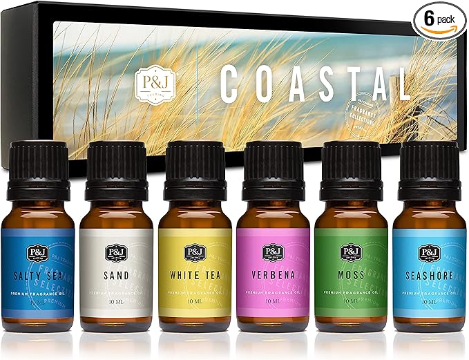 P&J Trading Fragrance Oils for Diffusers for Home Fragrance Scents for Candle Making - Soap Making Supplies - Car Diffuser Scents - Essential Home Gift Set - Coastal - White Tea, Sand, Verbena & More - Bloomnest