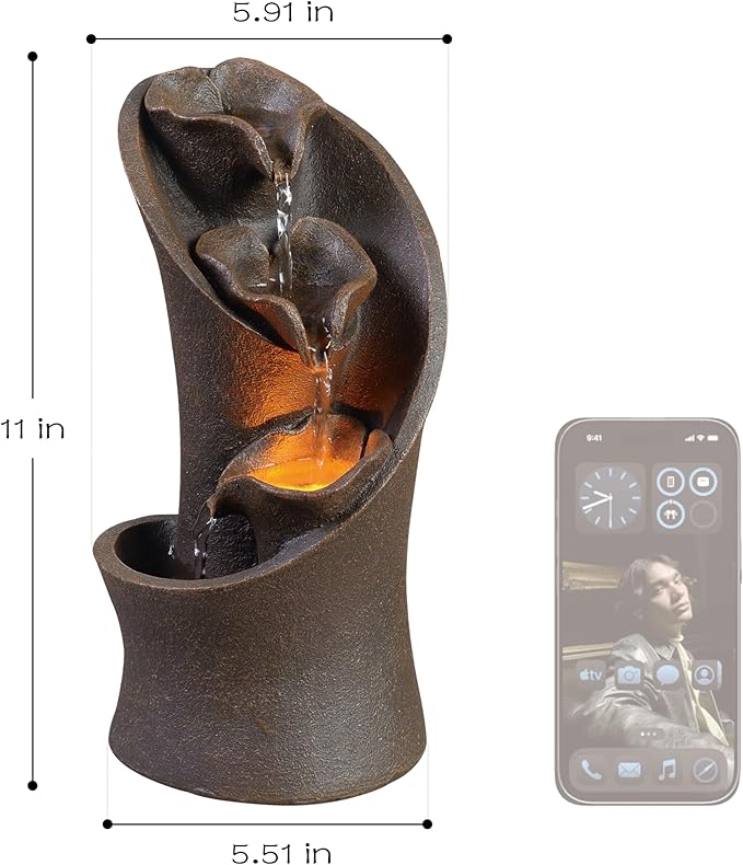 Kalona Tabletop Waterfall Fountain, 3-Tier Indoor Water Fountain for Home Office Decor, Relaxing LED Fountains with Artistic Stone-Look Design for Meditation (23005) - Bloomnest