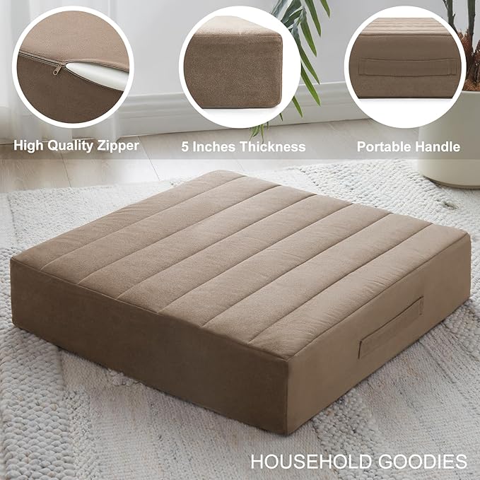 22 inches Floor Pillow for Adults - Large Meditation Cushion with Thick Foam & Soft Tufted Cover - Premium Outdoor Square Floor Cushion Seat - Yoga Pillows for Sitting On Floor - Coffee - Bloomnest