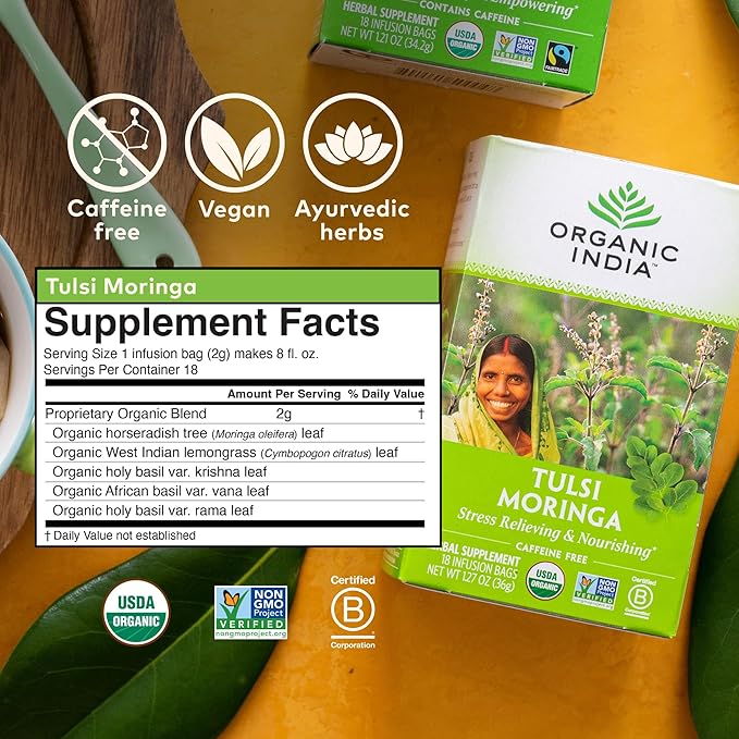 ORGANIC INDIA Tulsi Moringa Tea Bags- Holy Basil, Lemongrass, Moringa Leaves, Calming Immune Support Tea, USDA Organic, Caffeine Free- 18 Bags, 3 Pack - Bloomnest