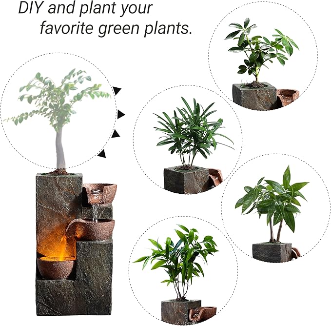 Tabletop Indoor Water Fountain – 3-Tier Rock Waterfall Fountain with Warm LED Light and DIY Planting Pot – Relaxing Small Water Feature for Desk or Home Decor (23061) - Bloomnest