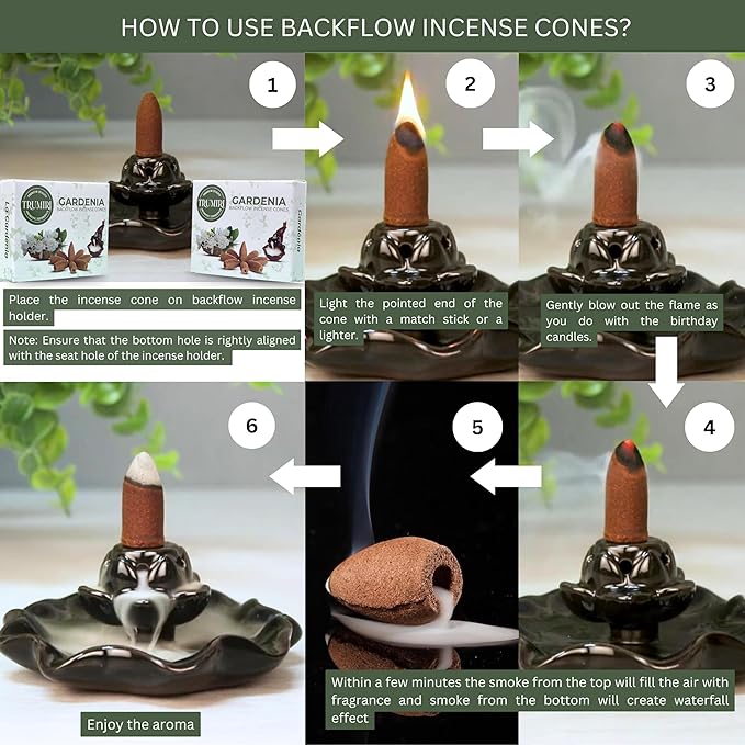 TRUMIRI Gardenia Backflow Incense Cones - Total 20 Incense Cones Waterfall - Dual Pack of 10 Incense Backflow Cones - Waterfall Incense Cones - Incense Waterfall Cones TRUMIRI