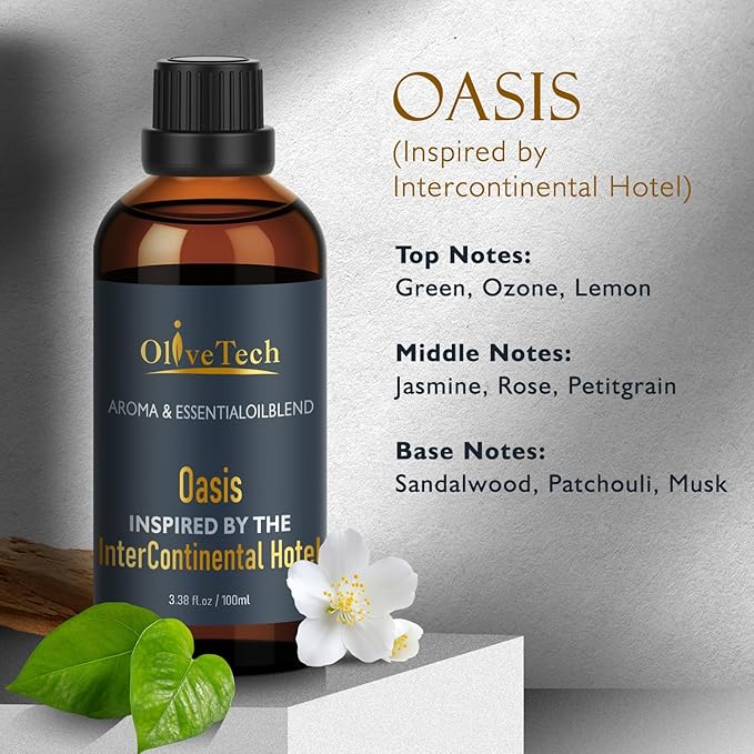 Hotel Diffuser Oil Inspired by Intercontinental Hotel Oasis Scent, OliveTech Aromatherapy Fragrance Oil for Cold Air & Ultrasonic Diffusers, 100ml / 3.38 ft oz Glass Bottle OliveTech