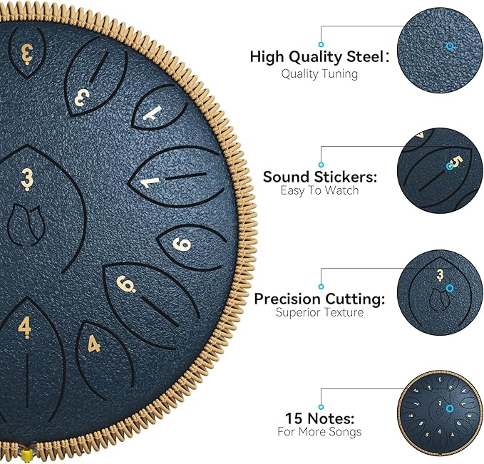 Steel Tongue Drum 12 Inch 15 Notes, Steel Drums Instruments for Kids Adults, Hand Pan Drum with Music Book, Drum Mallets and Carry Bag, Handpan C Major, Navy Blue - Bloomnest