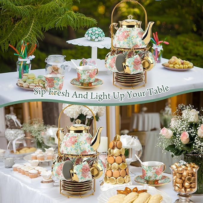20 Pcs Porcelain Tea Set with Metal Holder, Adult Tea Set Gift, European Ceramic Tea Set for Adults, Flower Tea Cup Saucer Set for Party With Gold Flower Painting (Vibrant Green) - Bloomnest