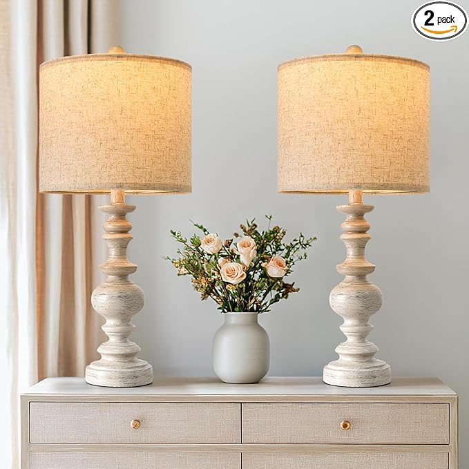 BOBOMOMO 24" Farmhouse Resin Table Lamp Set of 2, Vintage Lamps for Living Room Bedroom with Linen Shades, Traditional Rustic Bedside Lamps Retro Table Lamps for Living Room, Bedroom, Office - Bloomnest