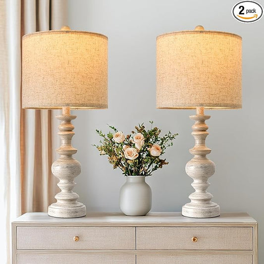 BOBOMOMO 24" Farmhouse Resin Table Lamp Set of 2, Vintage Lamps for Living Room Bedroom with Linen Shades, Traditional Rustic Bedside Lamps Retro Table Lamps for Living Room, Bedroom, Office - Bloomnest