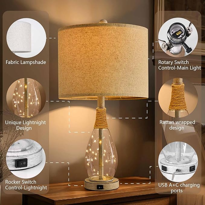 OYEARS 23" USB A+C Table Lamp for Bedroom Living Room Modern Bedside Lamps Retro Farmhouse Rattan Glass Nightstand Nightlight Lamps (White),Two Light Points - Bloomnest