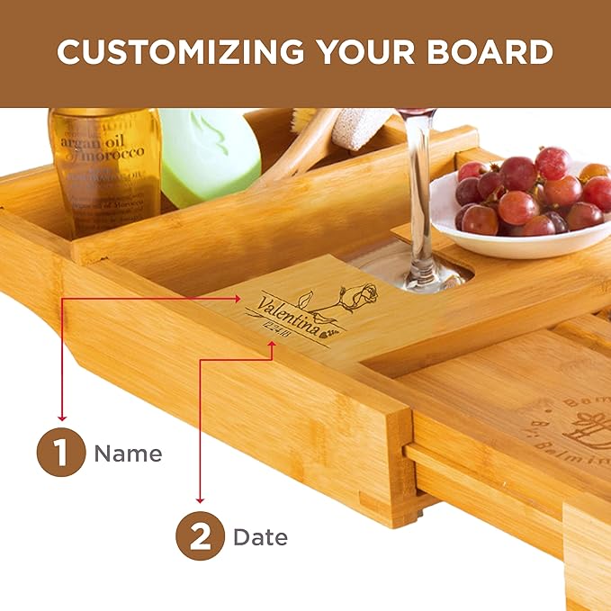 Personalized Bathtub Tray - Engraved Foldable Bamboo Bath Caddy, Tub Tray with Expandable Sides, Luxury Wooden Bath Table for Relaxation Spa - Customized Gift for Mom, Wife, New Home - Bloomnest
