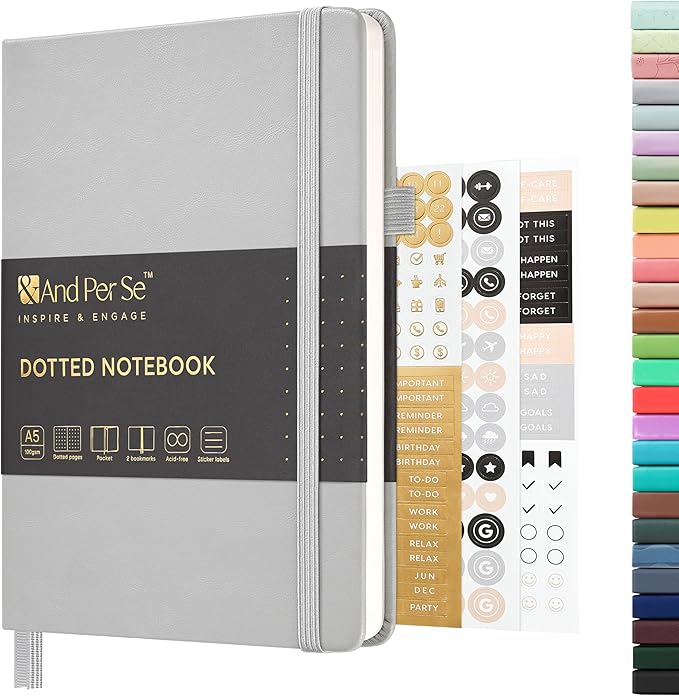&And Per Se Dotted Journal Notebook, A5 Hardcover Leather Bullet Dotted Journal, 160 Pages 100 gsm Thick Paper, 3 Sheets of Stickers Included- 5.7'' x 8'' (Grey)