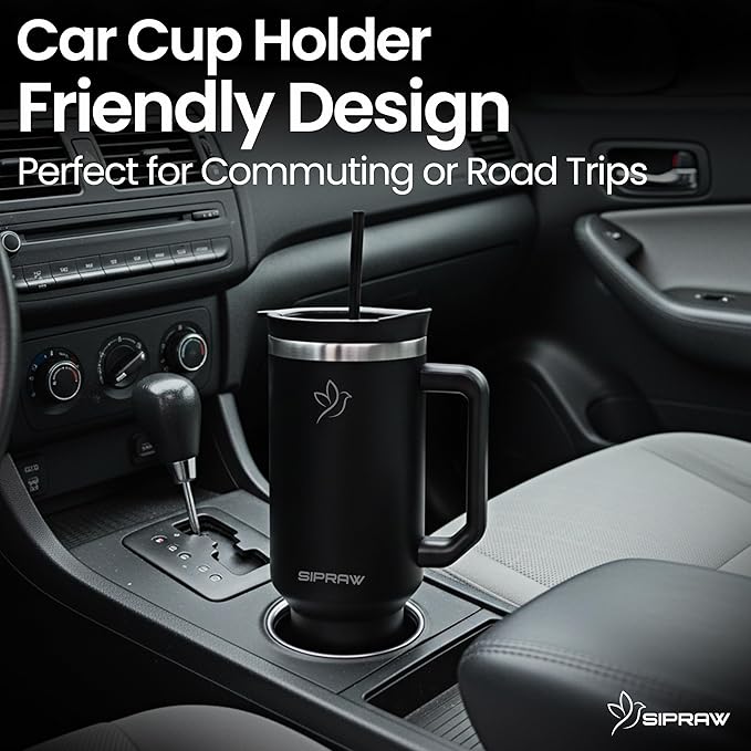 Tumbler with Handle, Insulated Tumbler with Lid and Straw, Stainless Steel Travel Coffee Mug, Cup Holder Friendly, Perfect for Camping, Travelling & Gifting, 40oz, Black - Bloomnest