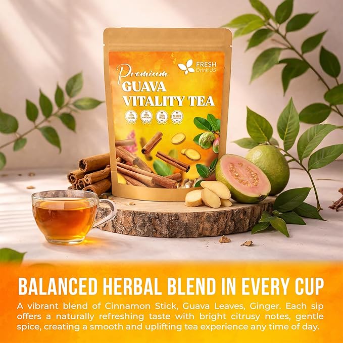FreshDrinkUS, Premium Guava Vitality Tea | 75 Tea Bags | Guava Leaves, Cinnamon Stick & Ginger Herbal Tea – Caffeine Free Botanical Infusion – Warm & Aromatic Daily Tea – 100% Natural Ingredients - Bloomnest