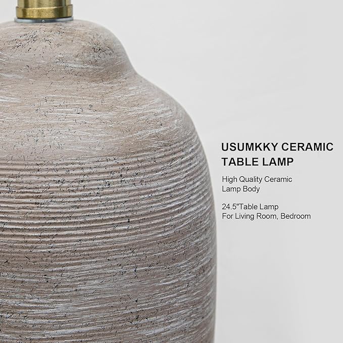 24.5" Handcrafted Ceramic Table Lamp - Single Farmhouse Vintage Rustic Bedside Lighting for Living Room, Bedroom, Entryway | Nightstand & End Table Decor with Linen Shade (Bulb Not Included) - Bloomnest