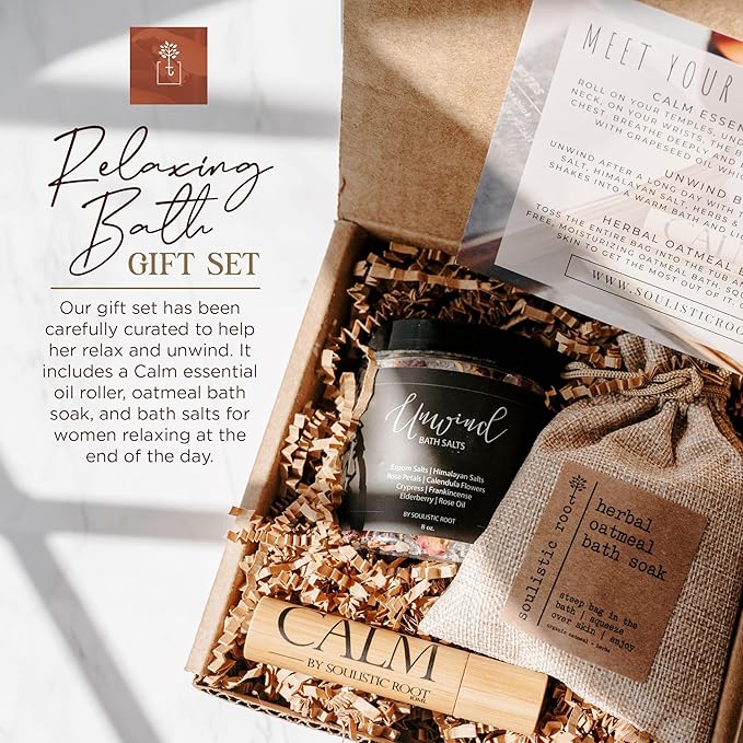 SOULISTIC ROOT Revitalizing Bath Gift - Premium Self-Care Bath & Body Set with Lavender Oatmeal Soak, Tranquil Essential Oil Roller, Epsom Salt Soak, Home Spa Kit, Valentine's Day Ready-to-Gift Box - Bloomnest