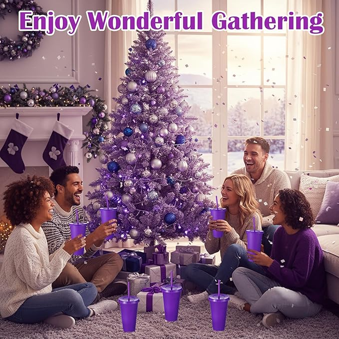 Honeydak 60 Pack Tumbler with Straw and Lid Bulk Water Bottle Iced Coffee Travel Mug Cup Reusable Plastic Cups for Party Birthdays 24-27 oz (Purple Color) - Bloomnest