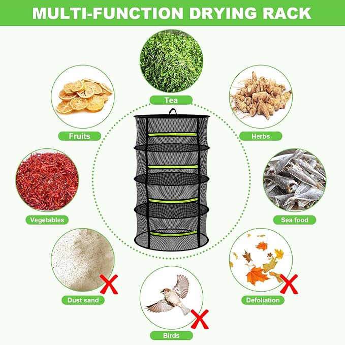 8 Layer Large Capacity Herb Drying Rack, Collapsible Hanging Mesh Net with Green Zipper, Hooks & Bonus Garden Scissors, Bulk Drying for Fresh Herbs, Flowers & Plants – Indoor Outdoor (23.62") - Bloomnest