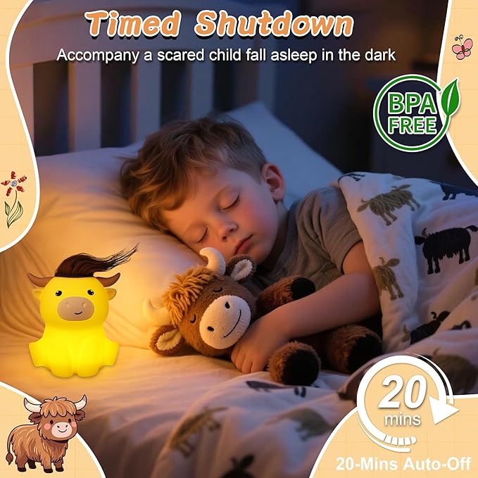 Highland Cow Night Light, Fluffy Cow Squisy Lamp for Kids, Soft Silicone Animal Nightlamp with 2 Levels Dimmable & 20 Mins Timer, Rechargeable LED Light Gifts for Baby Boys Girls - Bloomnest