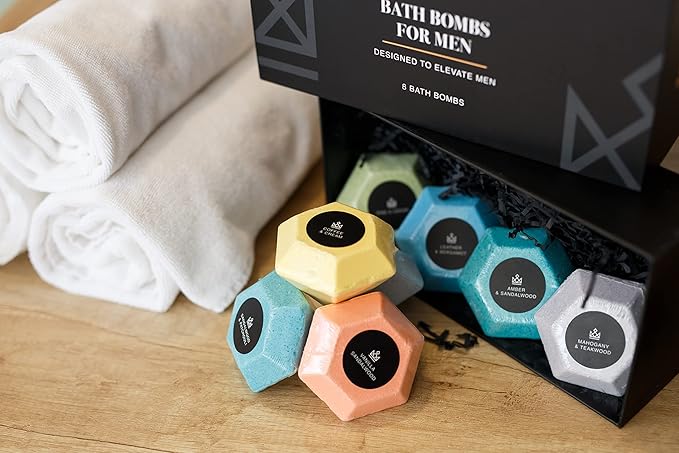Bath Bombs for Men, Diamond Shape, Gifts for Men, 8 Large 5oz Bombs, 100% Natural Products & Essential Oils, Soak in, Bubble Bath - Bloomnest