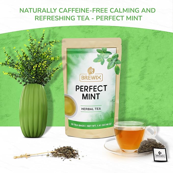 BREWIX, Perfect Mint Tea (20 Pyramid Tea Bags) | Soothing Mint Blend for Digestion Support & Daily Calm | Calming, Fresh and Cool | Caffeine Free Herbal Tea | No Sugar & No Caffeine | Spearmint and Peppermint - Bloomnest
