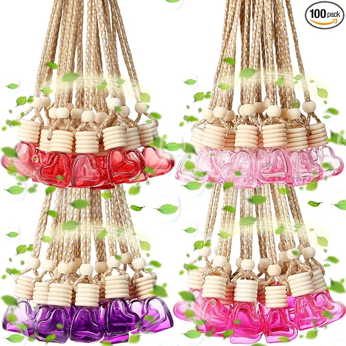Rtteri 100 Pcs Hanging Car Air Freshener Diffuser Bottles Empty Glass Perfume Diffuser Vials Refillable Oil Aromatherapy Pendant with Wooden Caps and Hanging String for Car Home Office Decor(Heart) - Bloomnest