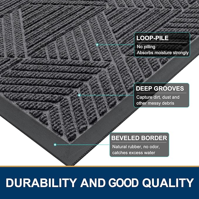 Smiry Front Door Mat Outside Entrance, Heavy Duty Sturdy Natural Rubber Doormat, Trap Dirt and Moisture, Easy Clean Low Profile Mats for Indoor Outdoor Entry, Irregular Triangle (29.5x17, Light Grey) - Bloomnest