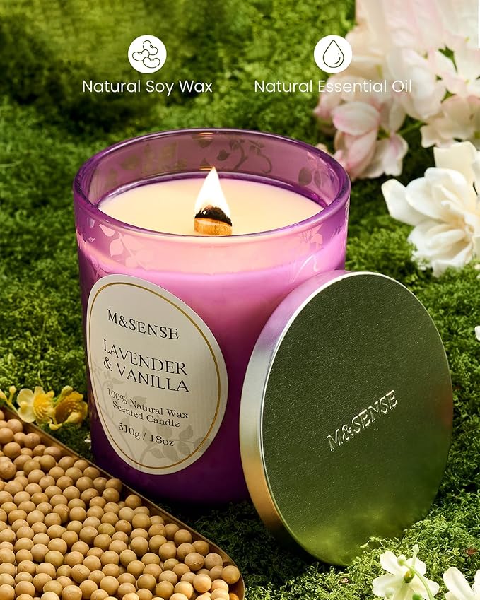 M&SENSE Lavender Vanilla Scented Candle, Cracking Wooden Wick Soy Wax, 18oz 100 Hours Long Lasting Clean Burn, Large Jar Candles for Home Decor, Non-Toxic Relaxing Aromatherapy Gifts for Women - Bloomnest