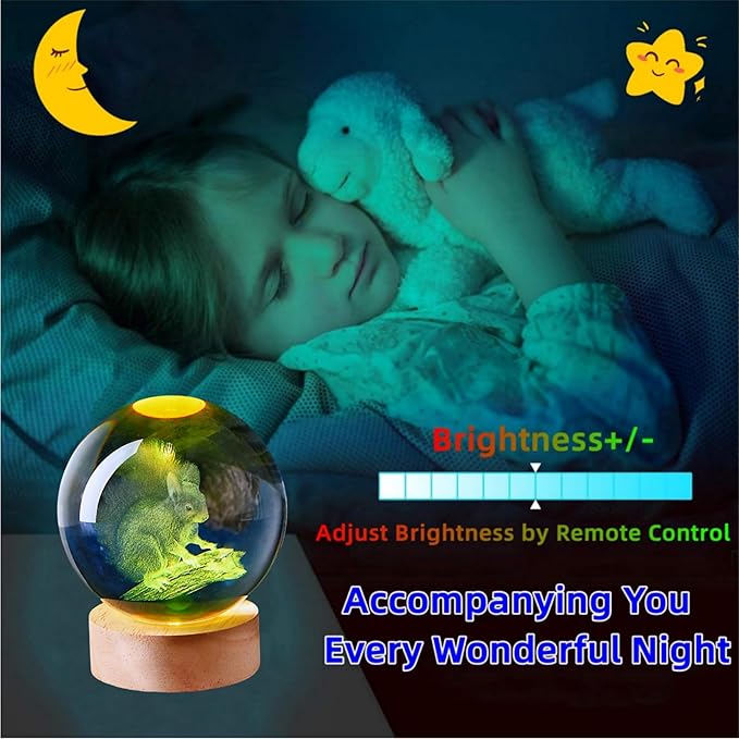 3D Large Squirrel Crystal Ball Night Light with Wooden Base, Crystal Lamp Gift for Kids Friends, 16 Color Changing with Remote Control, Laser Engraved 3.15 inch Glass Ball Lamp (Squirrel) - Bloomnest