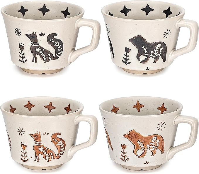 Ceramic Coffee Mug, 12 oz Novelty Unique Teacup with Handle, Stoneware Cup for Tea Mocha Latte Cappuccino Espresso (Set of 4, Fox and Bear)