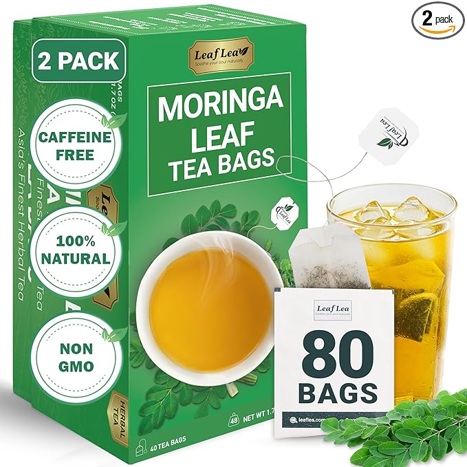 LeafLea 80 Moringa Tea Bags, Premium Moringa Leaf Herbal Tea for Digestive Support and Daily Wellness, Made from Natural Leaves, Caffeine-Free, Non-GMO, Sugar-Free - Bloomnest
