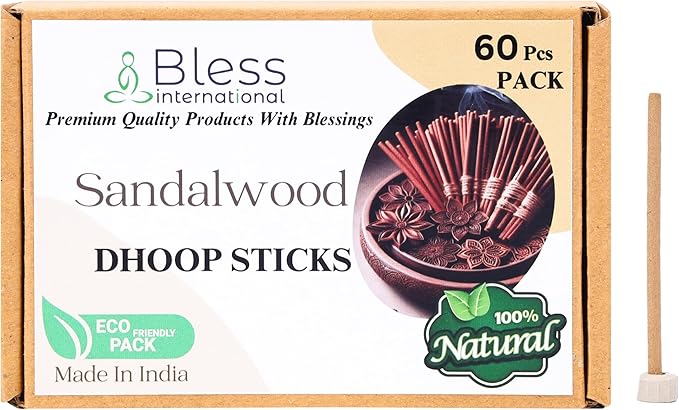 Bless-International Sandalwood-100%-Natural-Incense-Bambooless-Dhoop-Sticks Handmade-Organic-Chemicals-Free for-Purification-Relaxation-Positivity-Yoga-Meditation The-Best-scents-4.5-Inches-60-Sticks BlessInternational