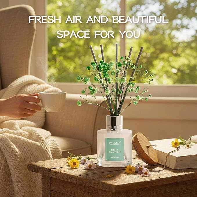 Airkeep Reed Diffuser Set,3.38 fl oz (100 ml) - Moss Eucalyptus Oil Diffusers with 8 Reed Sticks, Home Fragrance Reed Diffuser for Bathroom Shelf Decor Airkeep