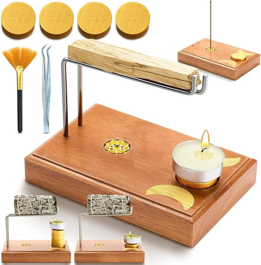 4 in 1 Palo Santo and Sage Holder, Incense Sticks and Candle Holder with 4 Wooden Cylindrical Bases, Natural Wood Burner Bowl for Yoga Meditation Spirituality Enthusiasts Thanksgiving Gift DoubleFill