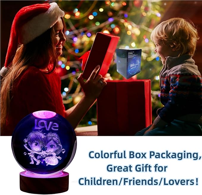 Love Crystal Ball lamp,3D 3.15 inch K9 Couple Night Light with Wooden Base,16 Colors Change with Remote Control,Sweetheart Crystal Gift for Girlfriend,Valentine's Day Christmas Gift (F) - Bloomnest