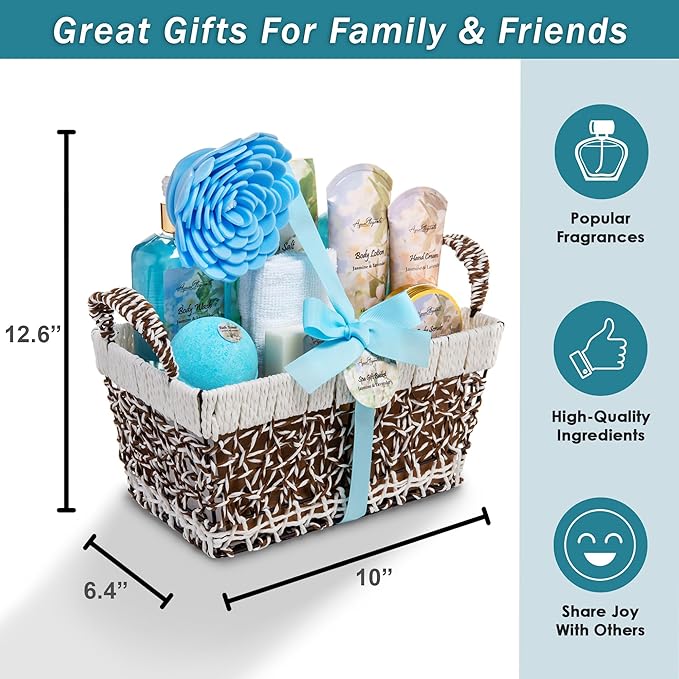 Spa Baskets For Women - Luxury Bath Set With Jasmine & Lavender - Spa Kit Includes Wash, Bubble Bath, Lotion, Bath Salts, Body Scrub, Hand Cream, Shower Puff, Bathbombs, Soap and Towel - Bloomnest