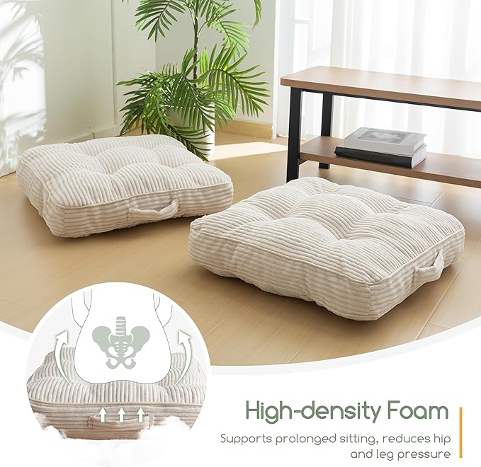 HIGOGOGO Washable Floor Pillow Cushion for Adults, Meditation Cushion Pillow, Large Square Floor Sitting, Removable Tufted Corduroy Cover, for Tatami Living Room or Yoga, 22x22 Inch, Machine Washable - Bloomnest