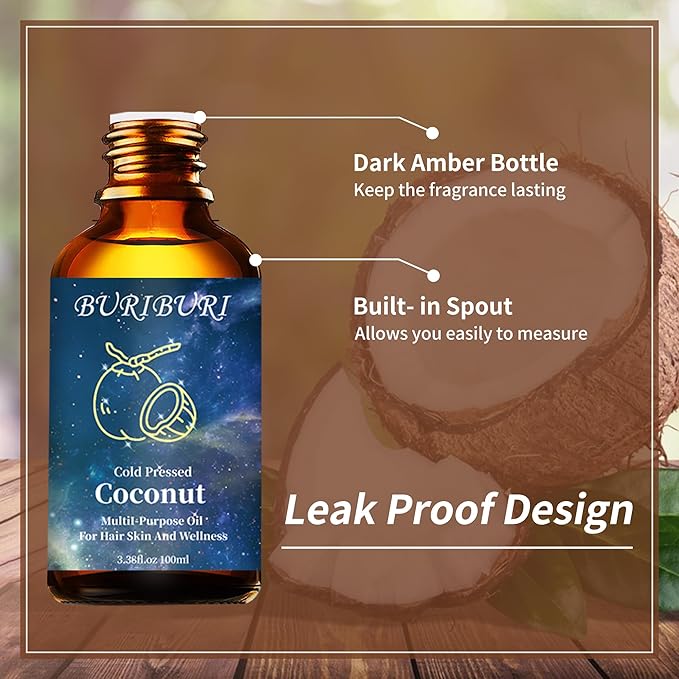 BURIBURI Coconut Essential Oil 100ml Premium Grade Scented Oil Coconut Fragrance Oil Carrier Oil for Diffusers, Massage, Candle Making Soap Making BURIBURI