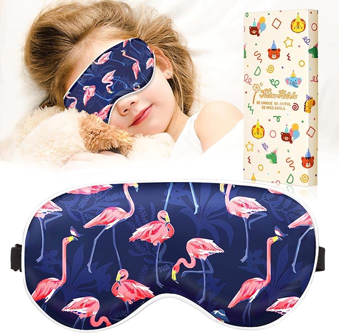Sleep Mask for Kids - Cute Kawaii Cartoon Silk Sleeping Mask with Adjustable Strap Soft Smooth Light Eye Mask for Sleeping Silk Kids Eye Cover for Boys Girls Teens, BU PK Flamingos - Bloomnest