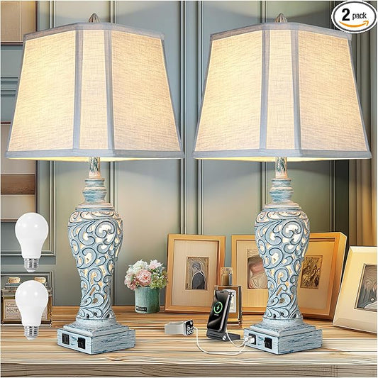 Table Lamp Bedside Lamps Set of 2, 28.5'' Luxsight Farmhouse Table Lamps for Bedroom, Lamps for Nightstands with Night Lights, with USB C+A Ports, Rustic Lamp for Living Room, Bulb Included - Bloomnest