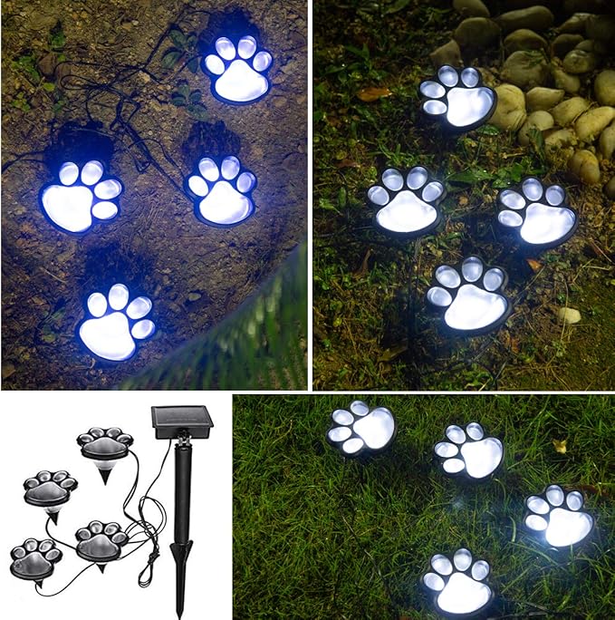 Elnsivo Paw Print Solar Outdoor Lights, Solar Lights Outdoor Waterproof Dog Paw Light (Set of 4), Cat Puppy Animal Garden Light Path Lamp Walkway Lighting for Patio,Yard, Any Pet Lover (White paw) - Bloomnest