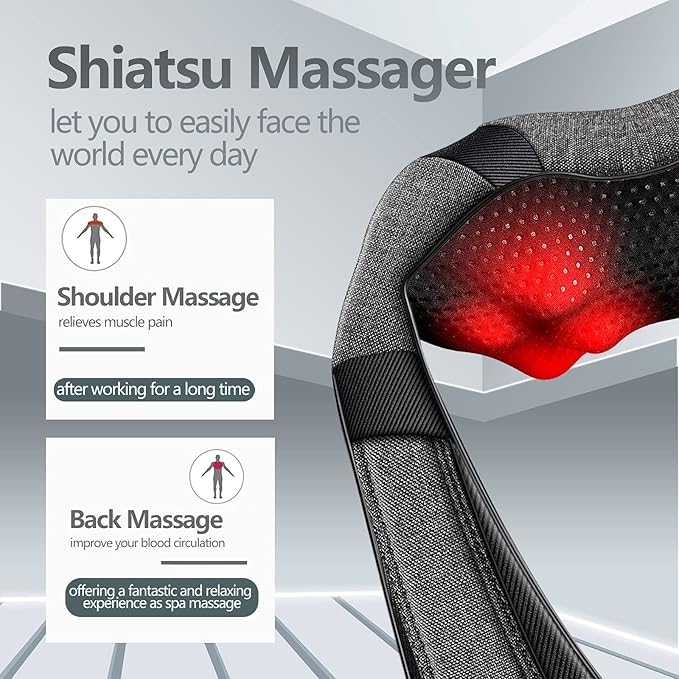 Mirakel Shiatsu Neck & Back Massager with Heat - Deep Tissue Neck, Back & Shoulder Pain Relief - Ergonomic Design Shoulder Massager, Idea Presents for Christmas, Fathers Day, Mothers Day, Women, Men - Bloomnest