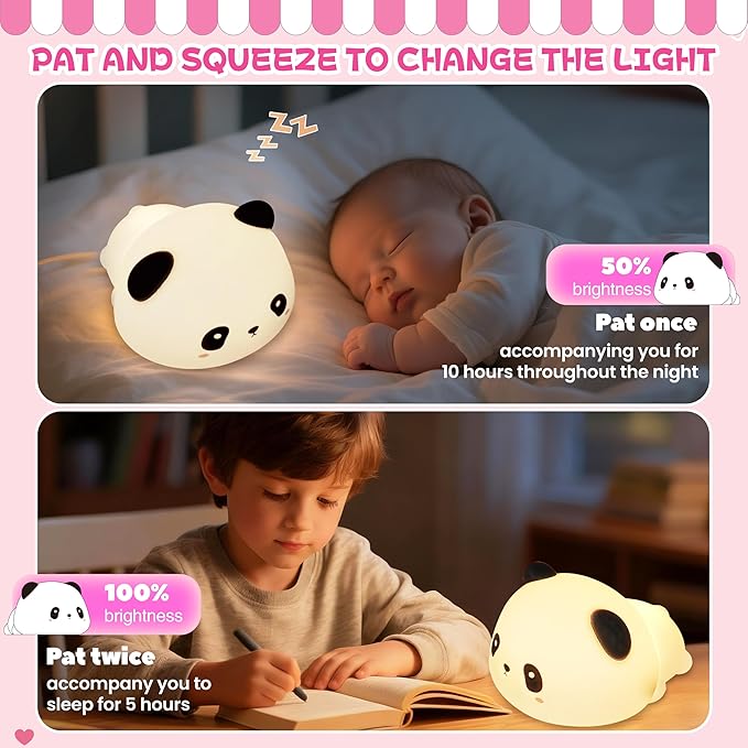 Night Light for Kids, Rechargeable Dimmable Silicone LED Nightlight with 7 Colors, Baby Nursery Night Lamp, Touch Squishy Lamp, Cute Gifts for Girls, Boys, Toddler Room Decor, Lying Panda - Bloomnest