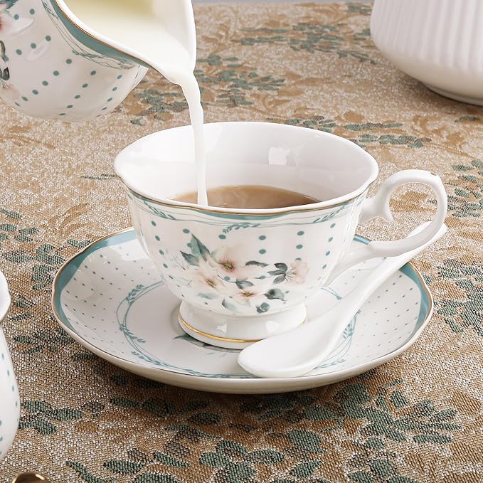 fanquare 21 Pieces Royal Style Porcelain Tea Set with Gold Trim, Vintage White Camellia Polka Dots Tea Sets, 6 Teacup and Saucers for Party Home Wedding - Bloomnest